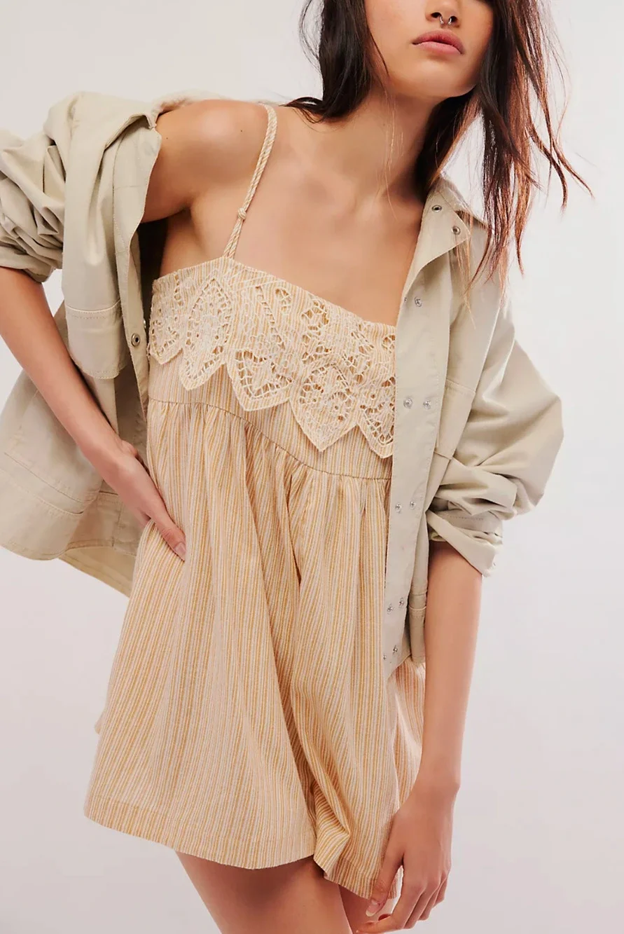 NEW FREE PEOPLE NEUTRAL COMBO COLLINA ONE PIECE ROMPER SHORT SZ L